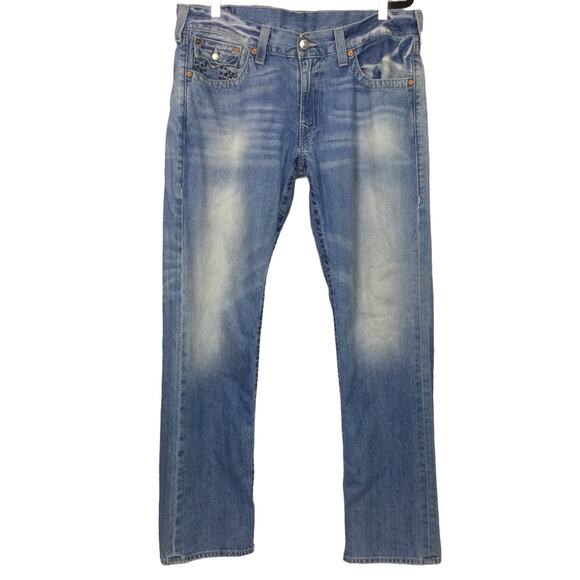 True Religion Men's Flap Pocket Light Wash Straight Leg Blue Jeans Size 38 - Picture 1 of 12